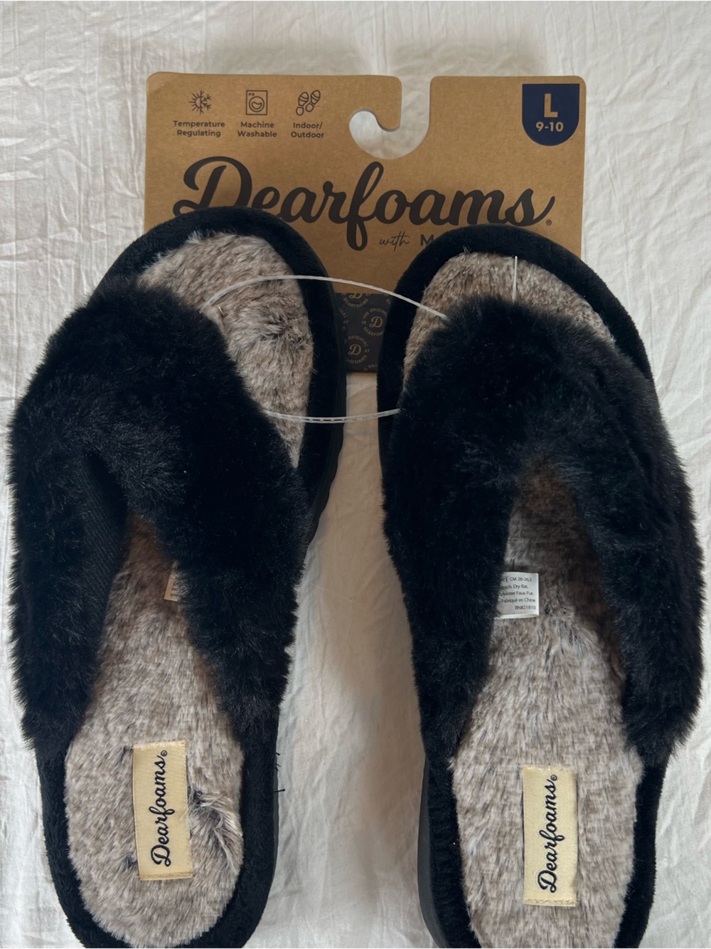 Dearfoams Women's Black Plush Thong Slippers Memory Foam Indoor/Outdoor Comfort